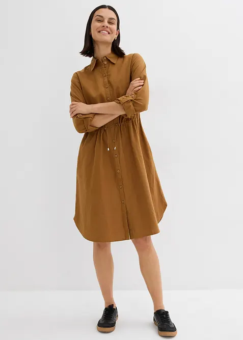 Kleid aus leichtem Leinen-Baumwoll-Mix in braun von vorne (Totalaufnahme) - bonprix