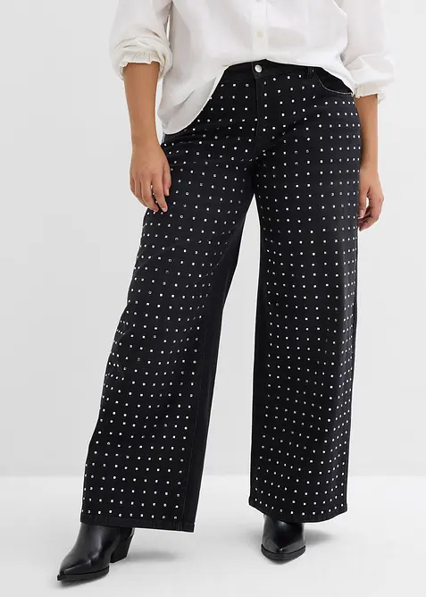 Wide-Leg-Jeans Mid Waist mit Strassapplikation in schwarz von vorne - bonprix