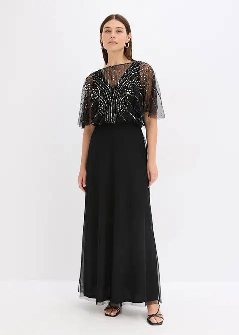 Maxikleid aus feinem Tüll mit Paillettenstickerei in schwarz von vorne (Totalaufnahme) - bonprix
