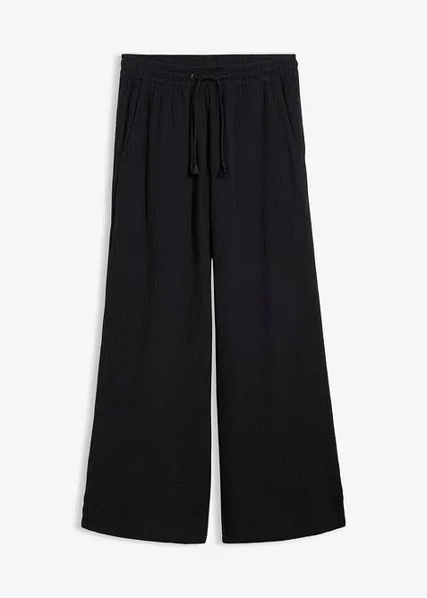 Musselin-Palazzo-Hose aus reiner Baumwolle in schwarz von vorne - bonprix