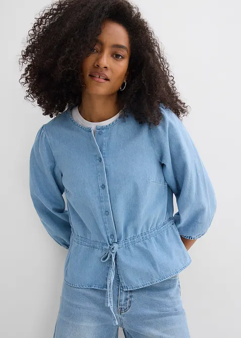 Jeansbluse mit Puffärmeln, Baumwolle in blau von vorne (im Anschnitt) - bonprix
