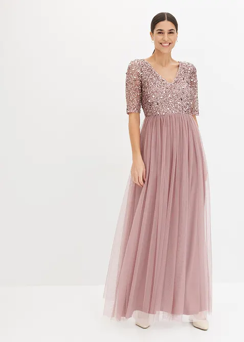 Abendkleid aus zartem Tüll mit Paillettenstickerei in rosa von vorne (Totalaufnahme) - bonprix