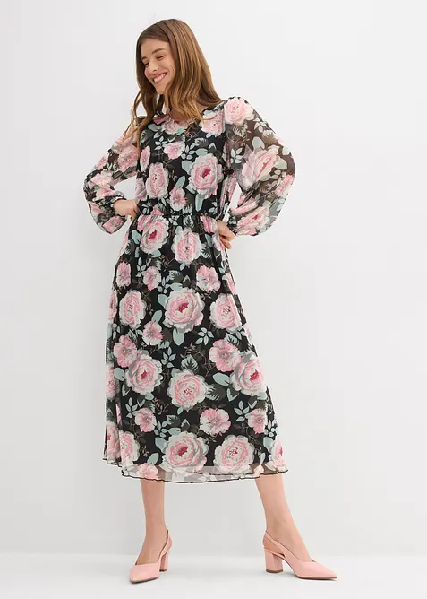 Midikleid aus softem Mesh in schwarz von vorne (Totalaufnahme) - bonprix