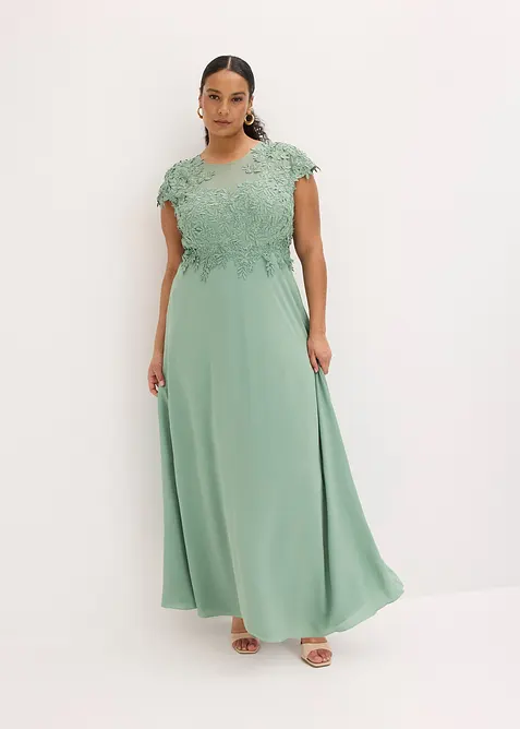 Midikleid aus zartem Tüll mit Spitze in grün von vorne (Totalaufnahme) - bonprix