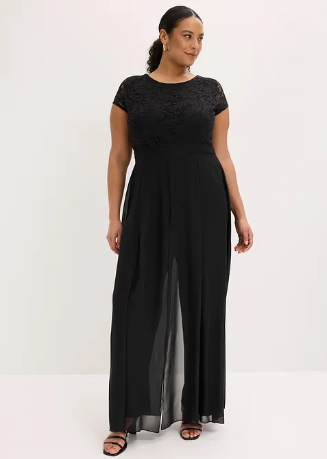 Overall mit Spitze und Chiffon-Einsatz in schwarz von vorne (Totalaufnahme) - bonprix