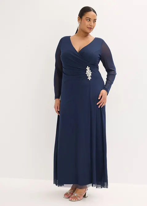 Abendkleid aus zartem Tüll mit Steinapplikation in blau von vorne (Totalaufnahme) - bonprix