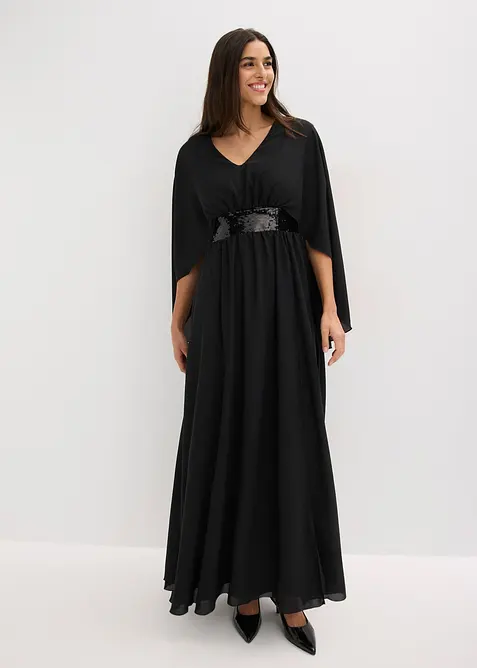 Abendkleid aus feinem Chiffon mit Pailletten-Einsatz in schwarz von vorne (Totalaufnahme) - bonprix