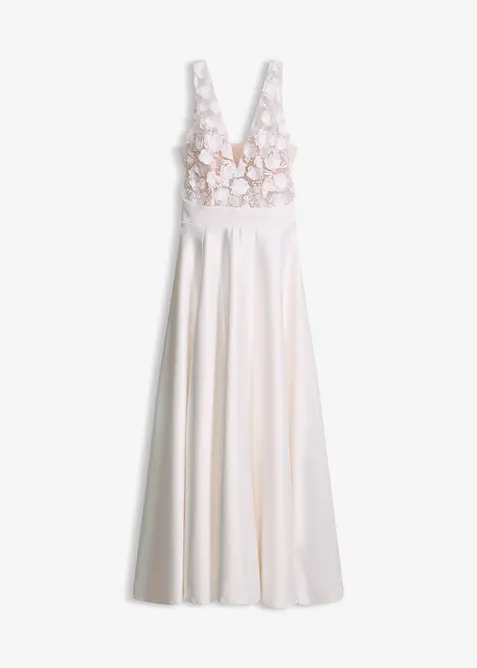 Brautkleid aus glänzendem Satin mit Blumen-Applikation in weiß von vorne - bonprix