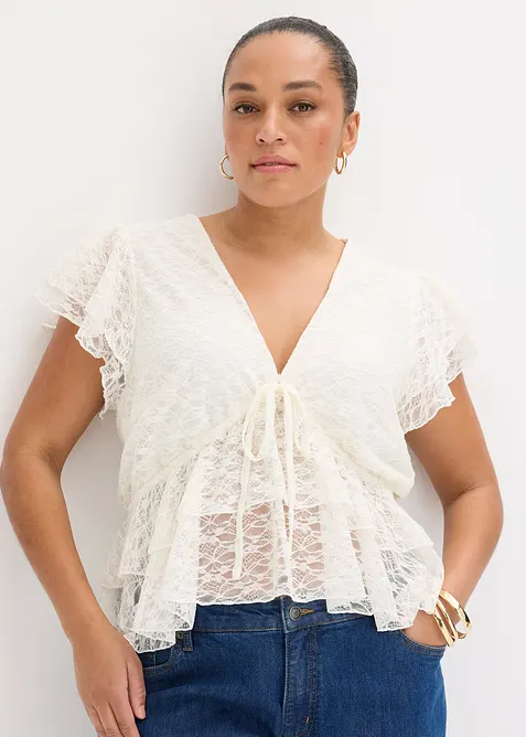 Kurzes Spitzenshirt in weiß von vorne (im Anschnitt) - bonprix