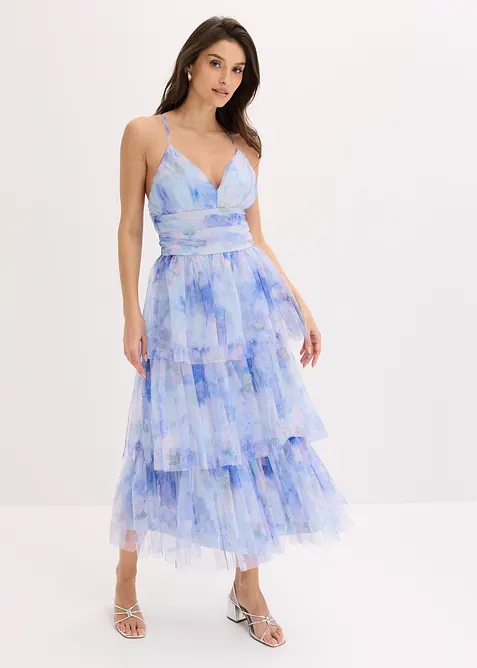 Midikleid aus feinem Tüll mit Volants in blau von vorne (Totalaufnahme) - bonprix