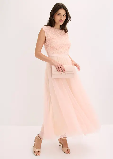 Abendkleid aus zartem Tüll mit Blumen-Details in rosa im Look von vorne (Totalaufnahme) - bonprix