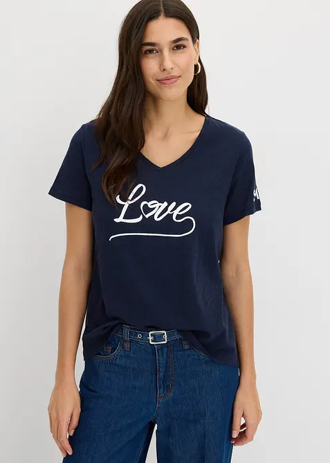 T-Shirt aus reiner Bio-Baumwolle in leicht strukturierter Qualität in blau von vorne (im Anschnitt) - bonprix