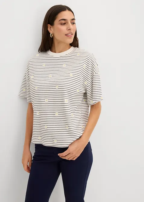 Gestreiftes T-Shirt aus schwerer Baumwolle in weiß von vorne (im Anschnitt) - bonprix