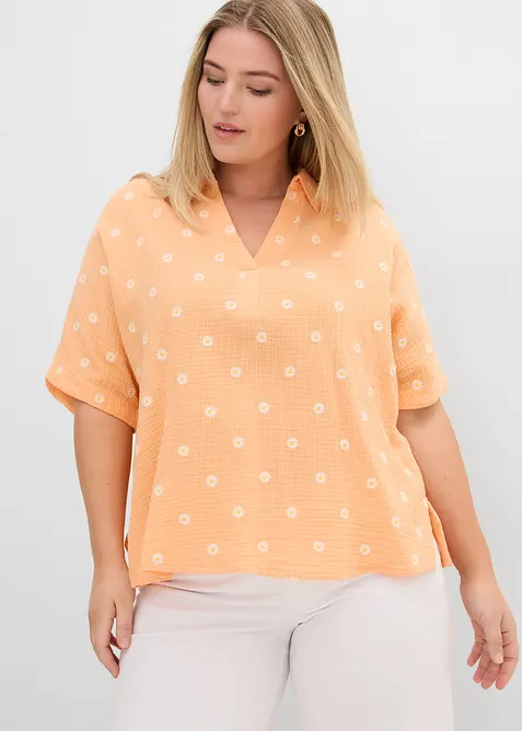 Musselin-Kurzarmbluse aus reiner Baumwolle in orange von vorne (im Anschnitt) - bonprix