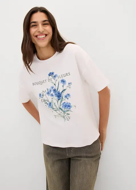 Lockeres T-Shirt aus schwerer Bio-Baumwolle in weiß von vorne (im Anschnitt) - bonprix