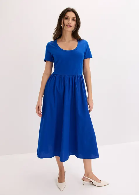 Jerseykleid im Material-Mix in blau von vorne (Totalaufnahme) - bonprix