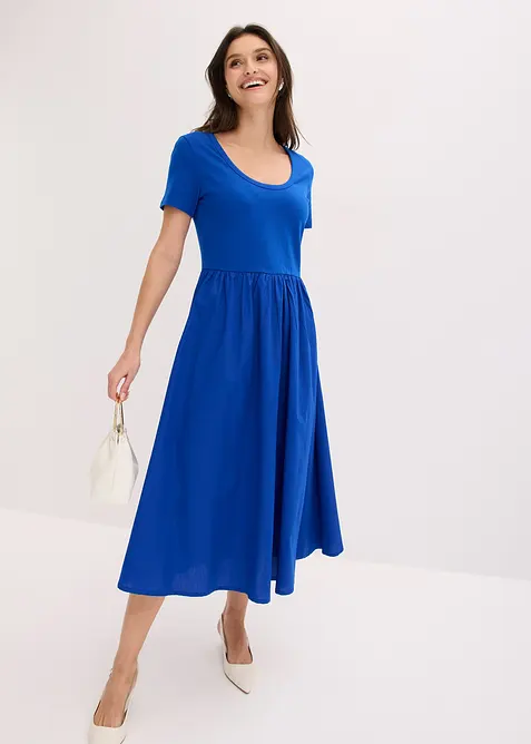 Jerseykleid im Material-Mix in blau im Look von vorne (Totalaufnahme) - bonprix
