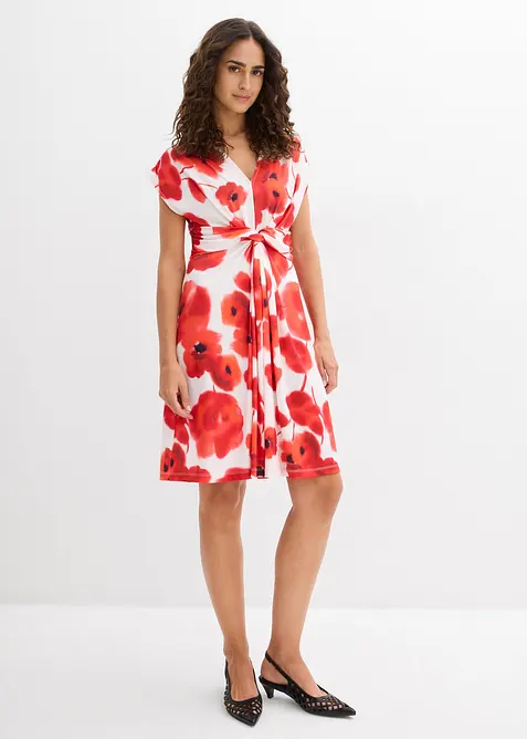 Jerseykleid mit Knotendetail in beige von vorne (Totalaufnahme) - bonprix