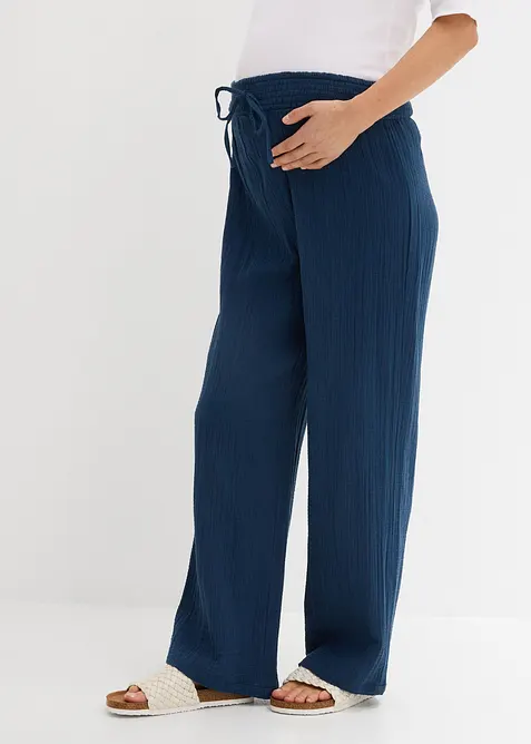 Bequeme Umstandshose mit Smogbund aus reinem Baumwollmusselin in blau von vorne - bonprix