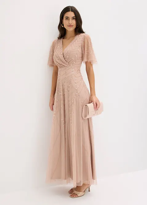 Abendkleid aus zartem Tüll mit Paillettenstickerei in beige im Look von vorne (Totalaufnahme) - bonprix