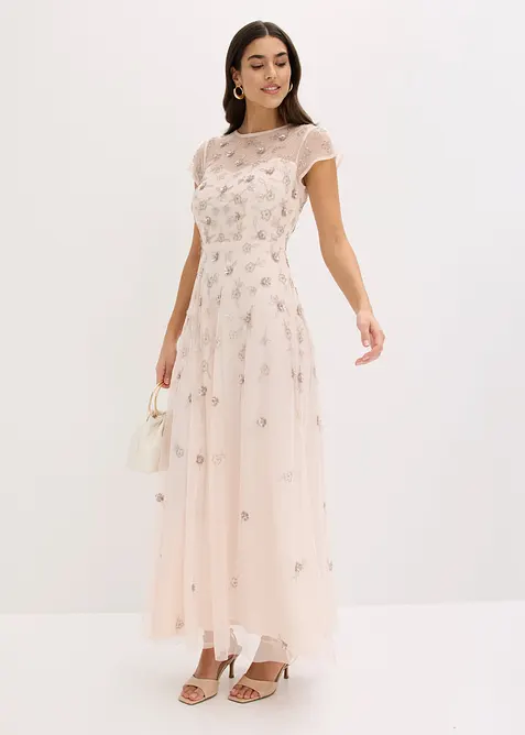 Abendkleid aus zartem Tüll mit Paillettenstickerei in rosa im Look von vorne (Totalaufnahme) - bonprix