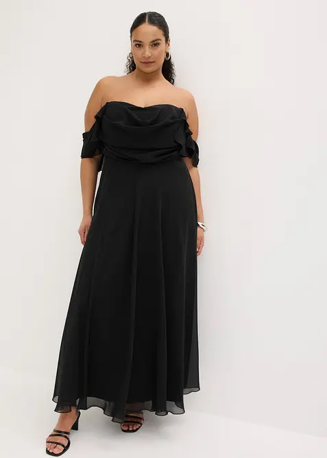 Abendkleid aus feinem Chiffon mit Drapierung in schwarz von vorne (Totalaufnahme) - bonprix