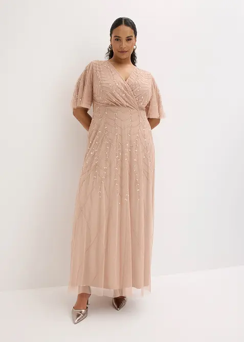Abendkleid aus zartem Tüll mit Paillettenstickerei in beige von vorne (Totalaufnahme) - bonprix