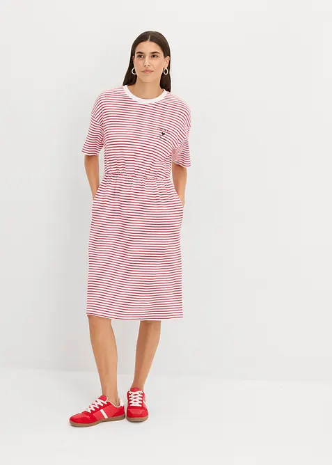 Gestreiftes Jerseykleid mit Stickerei in rot von vorne (Totalaufnahme) - bonprix
