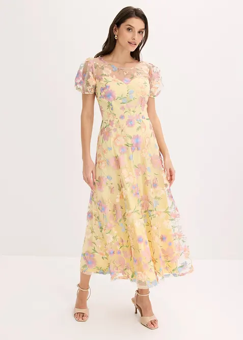 Spitzenkleid mit floraler Stickerei in gelb von vorne (Totalaufnahme) - bonprix