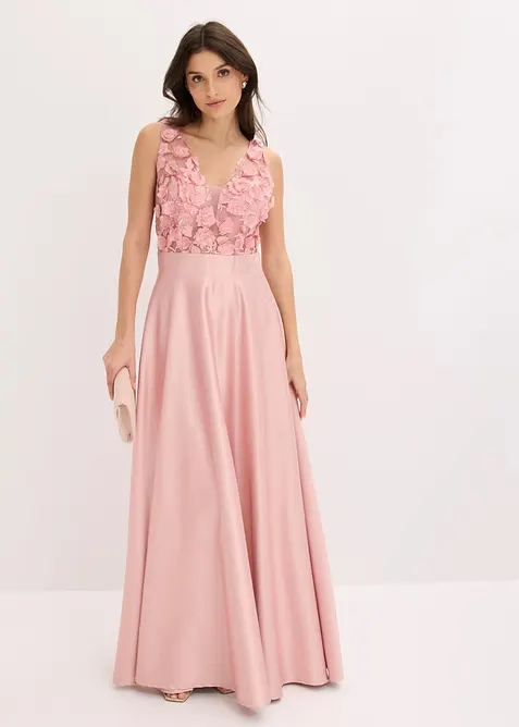 Abendkleid aus glänzendem Satin mit Blumen-Applikation in rosa von vorne (Totalaufnahme) - bonprix