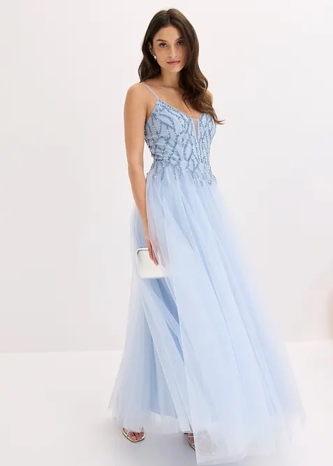 Abendkleid aus zartem Tüll mit Strasssteinverzierungen in blau im Look von vorne (Totalaufnahme) - bonprix