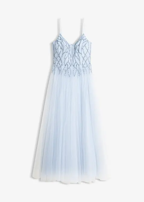 Abendkleid aus zartem Tüll mit Strasssteinverzierungen in blau von vorne - bonprix