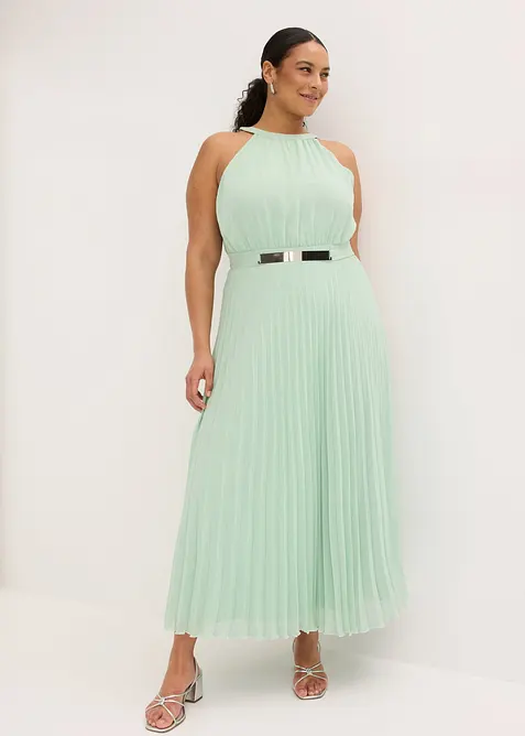 Abendkleid aus feinem Chiffon mit Plisseé in grün von vorne (Totalaufnahme) - bonprix