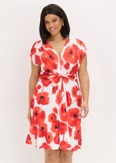 Jerseykleid mit Knotendetail in beige von vorne (Totalaufnahme) - bonprix