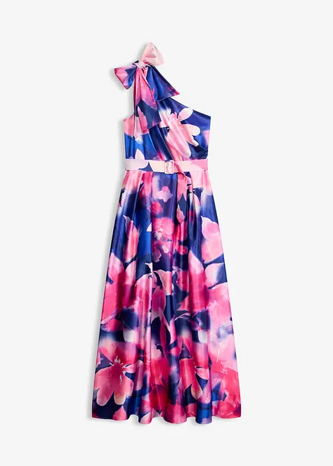 One-Shoulder-Kleid aus glänzendem Satin in blau von vorne - bonprix