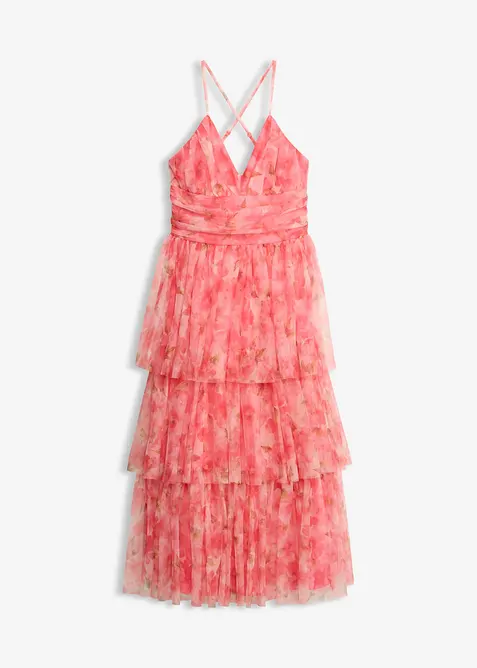 Midikleid aus zartem Tüll mit Volants in pink von vorne - bonprix