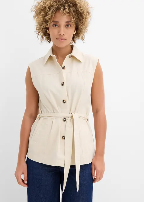 Weste mit Gürtel, aus Baumwolle in beige von vorne (im Anschnitt) - bonprix