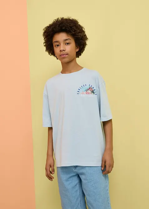 Loose Fit T-Shirt aus reiner Bio Baumwolle mit großen Rückendruck in blau von vorne (im Anschnitt) - bonprix