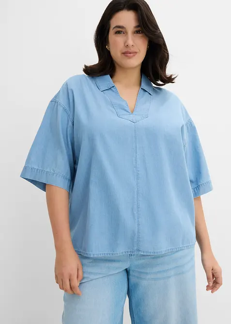 Oversize Jeans-Tunikabluse aus Bio-Baumwolle in blau von vorne (im Anschnitt) - bonprix