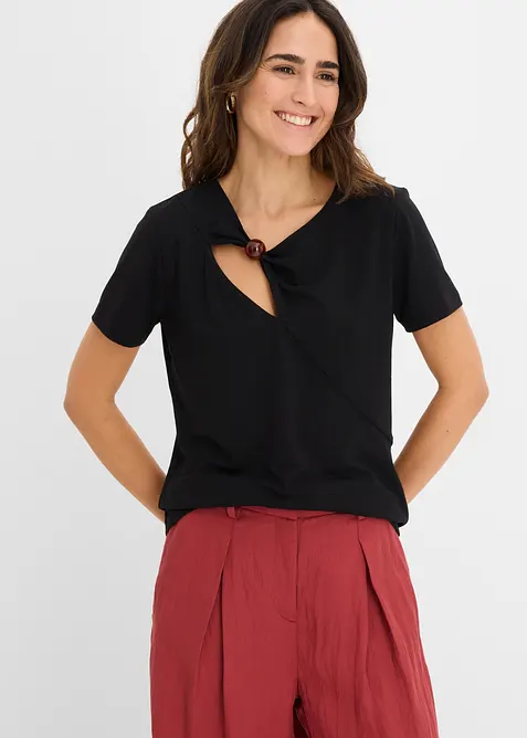 T-Shirt aus fließendem Viskose-Mix in schwarz von vorne (im Anschnitt) - bonprix