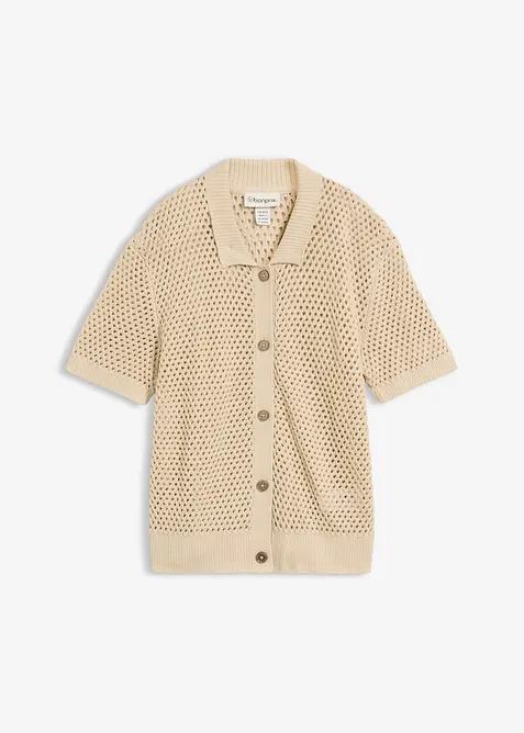 Ajour-Strickjacke aus Baumwoll-Leinen-Mix in beige von vorne - bonprix