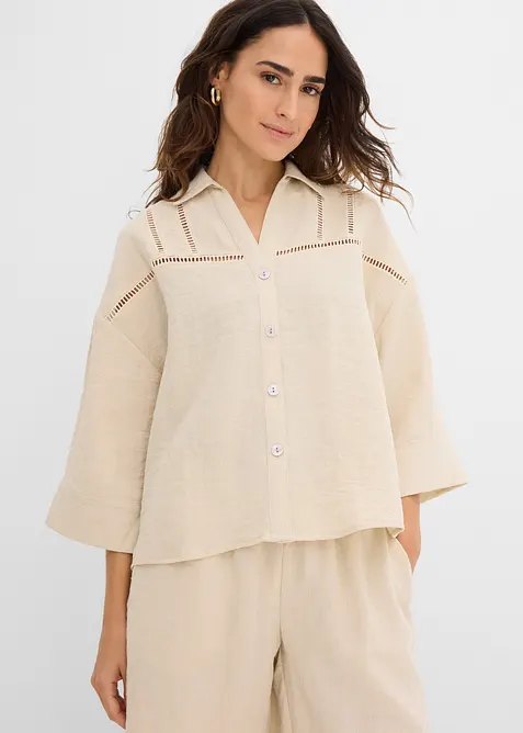 Hemdbluse aus softem Viskose-Mix in beige von vorne (im Anschnitt) - bonprix