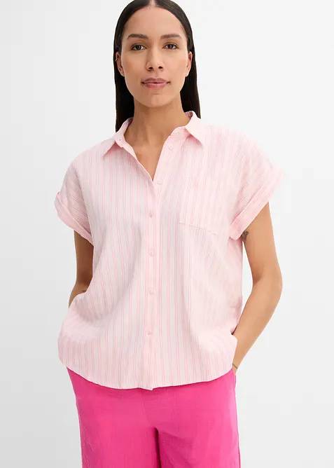 Kurzarmbluse aus Leinen-Viskose-Mix in rosa von vorne (im Anschnitt) - bonprix