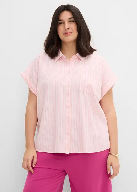 Kurzarmbluse aus leichtem Leinen-Viskose-Mix in rosa von vorne (im Anschnitt) - bonprix