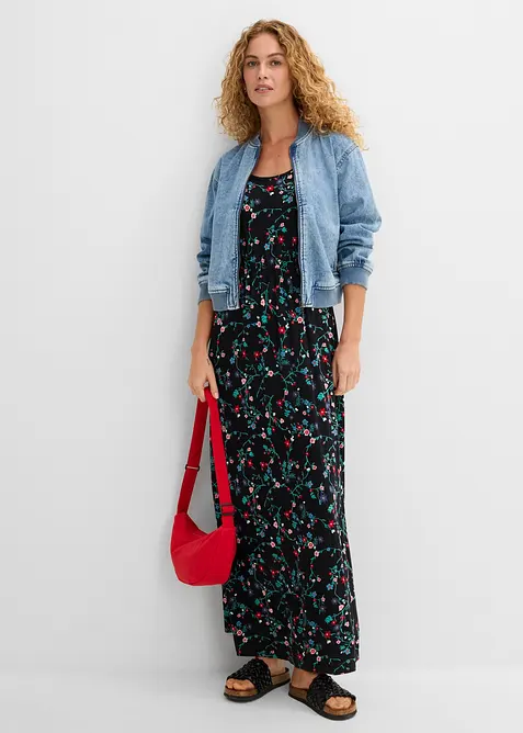 tailliertes Maxi-Kleid mit Druck in schwarz im Look von vorne (Totalaufnahme) - bonprix