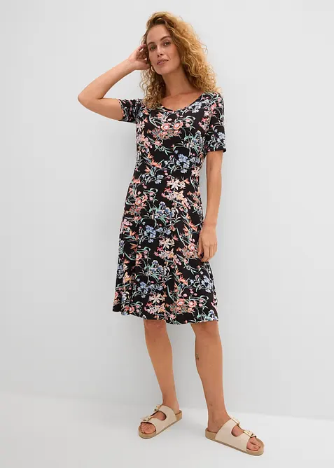 Knieumspielendes Jerseykleid in A-Linie in schwarz von vorne (Totalaufnahme) - bonprix