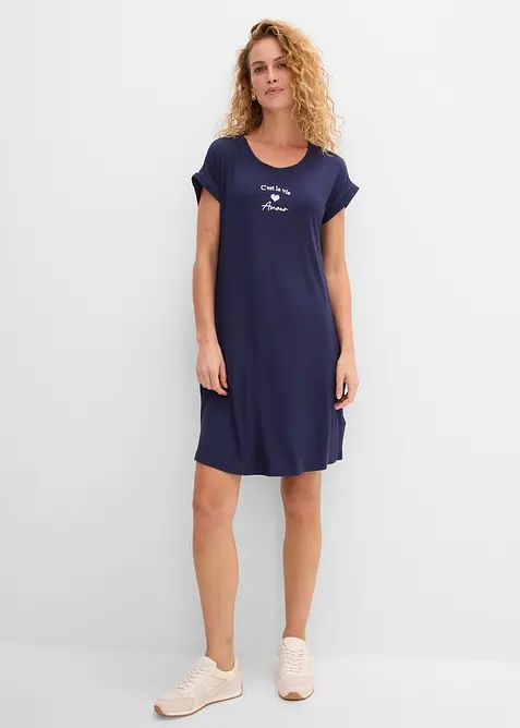 Jersey-Kleid mit Stickerei aus Viskose-Elasthan-Mix in blau von vorne (Totalaufnahme) - bonprix