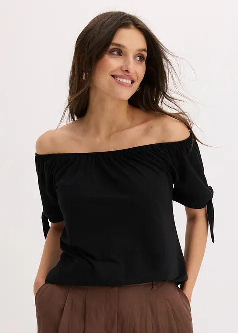 Carmenshirt mit Bindedetail in schwarz von vorne (im Anschnitt) - bonprix