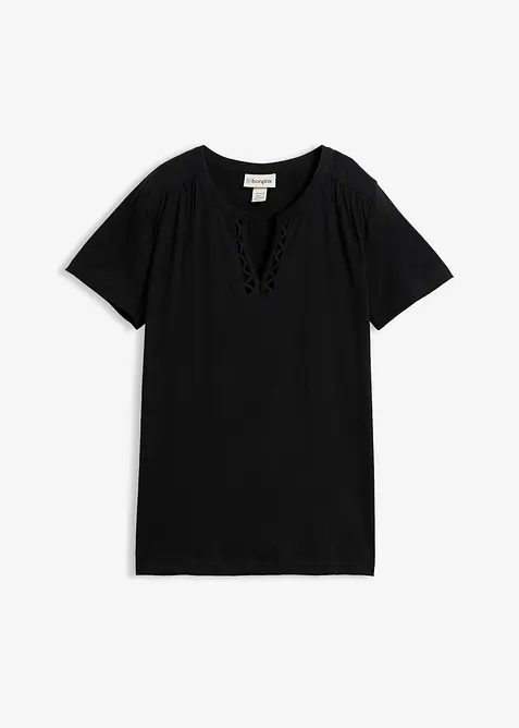 Baumwoll-Shirt mit dekorativem Ausschnitt in schwarz von vorne - bonprix