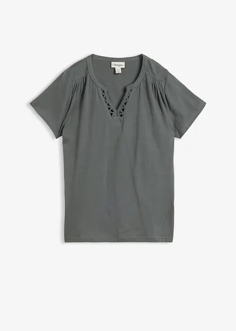 Baumwoll-Shirt mit dekorativem Ausschnitt in grün von vorne - bonprix